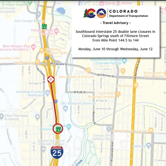 Lane Closures Map Southbound I 25 South Of Fillmore Street Jpg Lane Closures Map Southbound I25 South Of Fillmore Street 